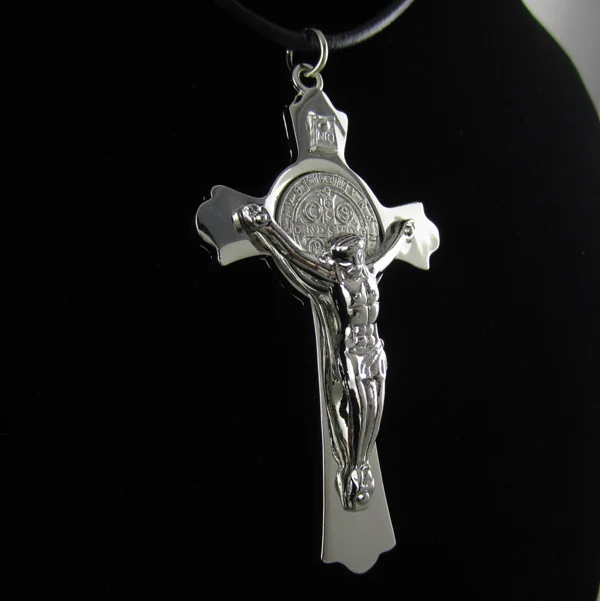 

High Quality Sliver Saint Benedict Crucifix Cross with Leather Necklace,Scripture and PVC Pouch