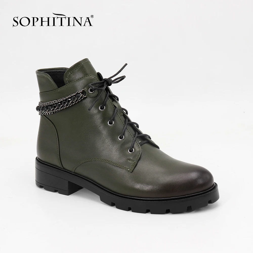 SOPHITINA Brand Ankle Boots Round Toe Quality Genuine Leather Wine Red Woman Shoes Fashion Chain Lace Up Low Heels Boots MC09