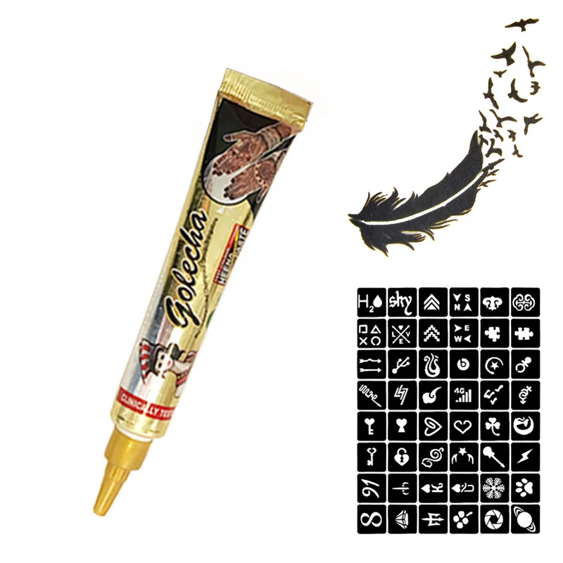 

25g Black Henna Tattoo Paste Cream Cones Tube With 48 Pattern Stencils Kit For Indian Mehndi Finger Body Paint Temporary Tattoo