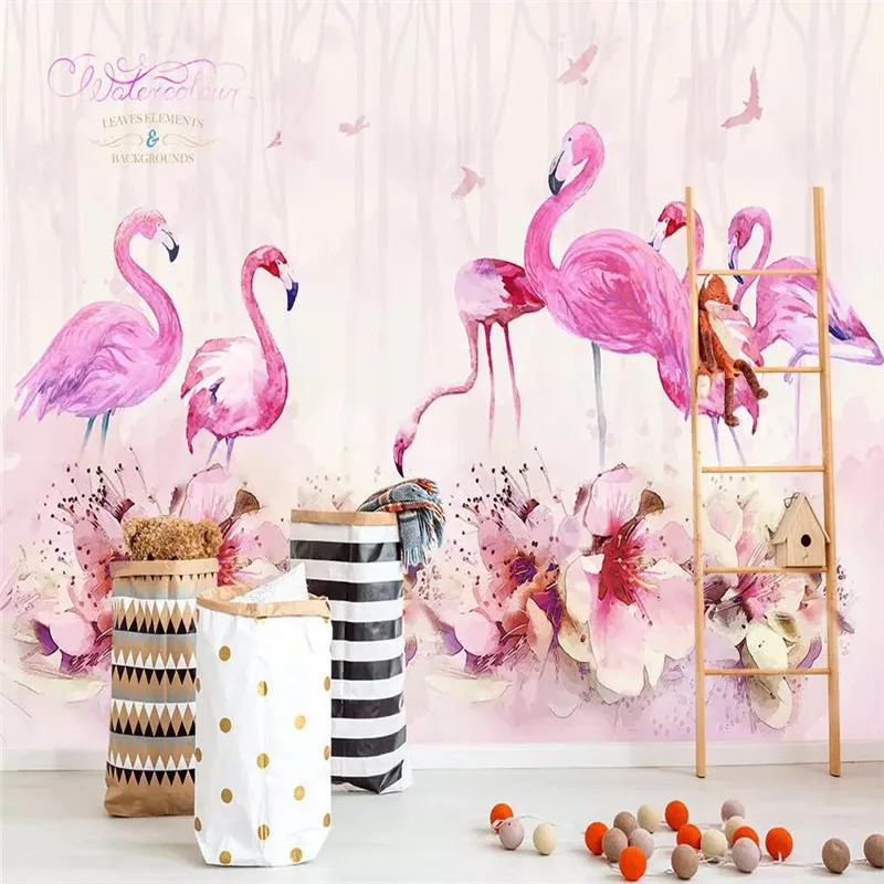 

Hand-painted woods flamingo sofa TV background wall professional production murals wholesale wallpaper mural poster photo wall