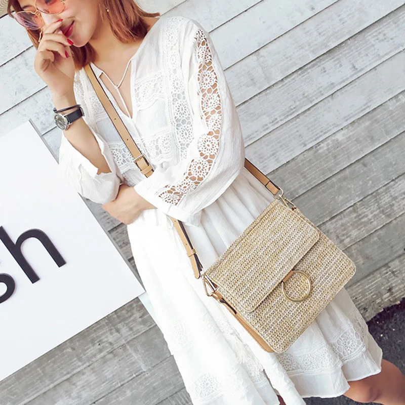 Women Summer Beach Straw Bags Female INS Popular Handbag Fashion Lady Shoulder Bag Ring Travel Knitted Crossbody Bolsa SS3171 (6)