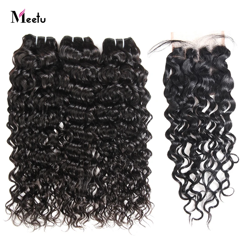 

Meetu Peruvian Water Wave Bundles With Closure 100% Human Hair Bundles With Closure 3 Bundles With Closure 4X4 Inch Non Remy