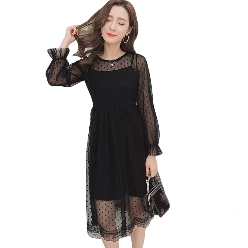 

2018 New Women Spring Summer Fashion Dot Embroidery O-neck Dress Girls Elegant Pleated Long Flare Sleeve Mesh Dresses CM2660