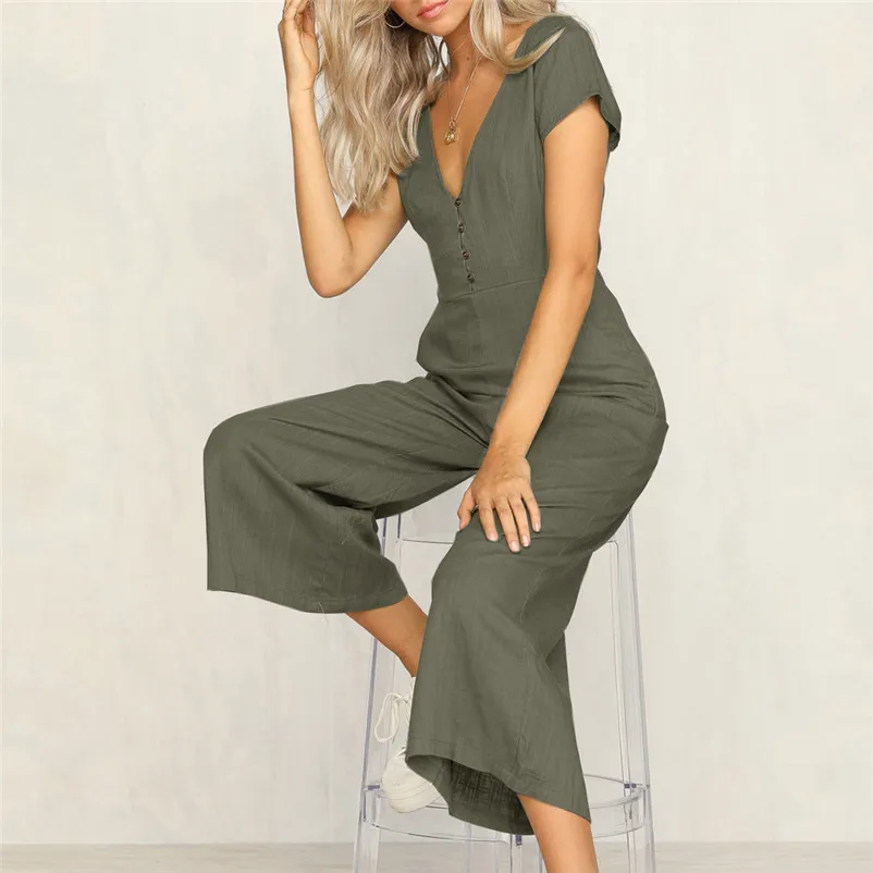 Fashion summer jumpsuit woman 2018 V-Neck Short Sleeve Strappy Holiday Long Playsuits Trouser Jumpsuit pantaloni siamesi A03#N (3)