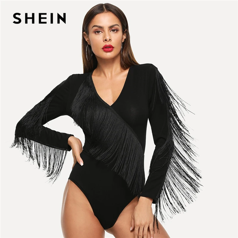 

SHEIN Black Elegant Weekend Casual Fringe Embellished Form Fitting Solid Skinny Bodysuit 2018 Summer Fashion Women Bodysuits