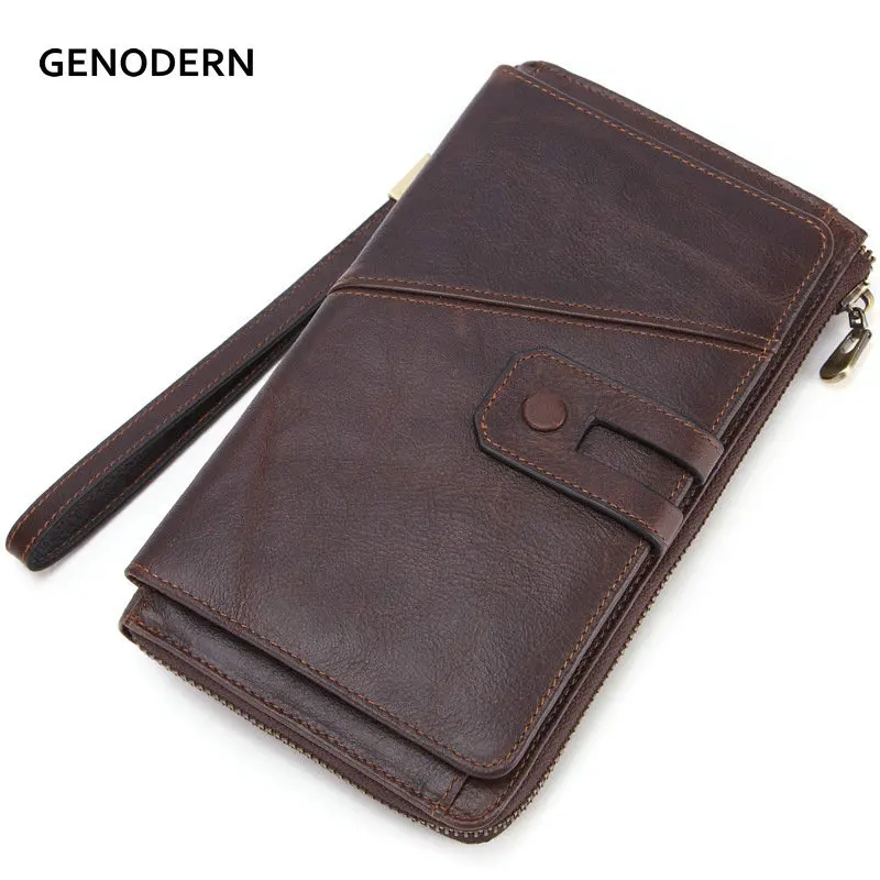 

GENODERN Men Clutch Wallet Genuine Leather Male Clutch Bag Organize Zipper Long Wallet with Cell Phone Holder Coin Purse