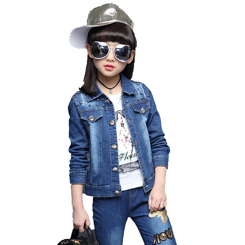 

2018 Girl Denim Suit Spring Autumn Hot Children Suit Girls Cotton Butterflies Beauty Suit Two Piece Denim Set 4-15T Jeans Cowboy