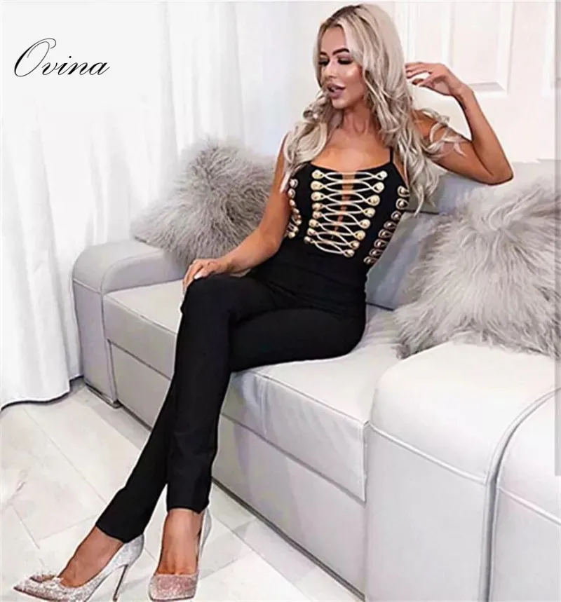 

Top Quality Mini Strapy Gold Button Sleeveless Bandage Women Jumpsuit