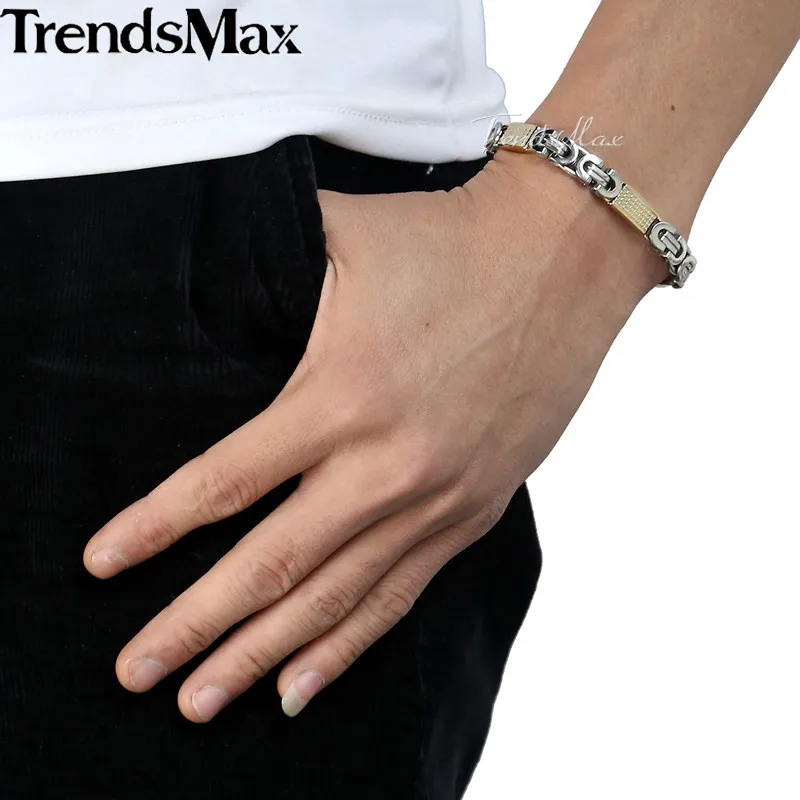 Trendsmax JEWELRY SET 8mm Mens Chain Necklace Silver Gold Tone Flat Byzantine Link Stainless Steel Necklace Bracelet Set KS167