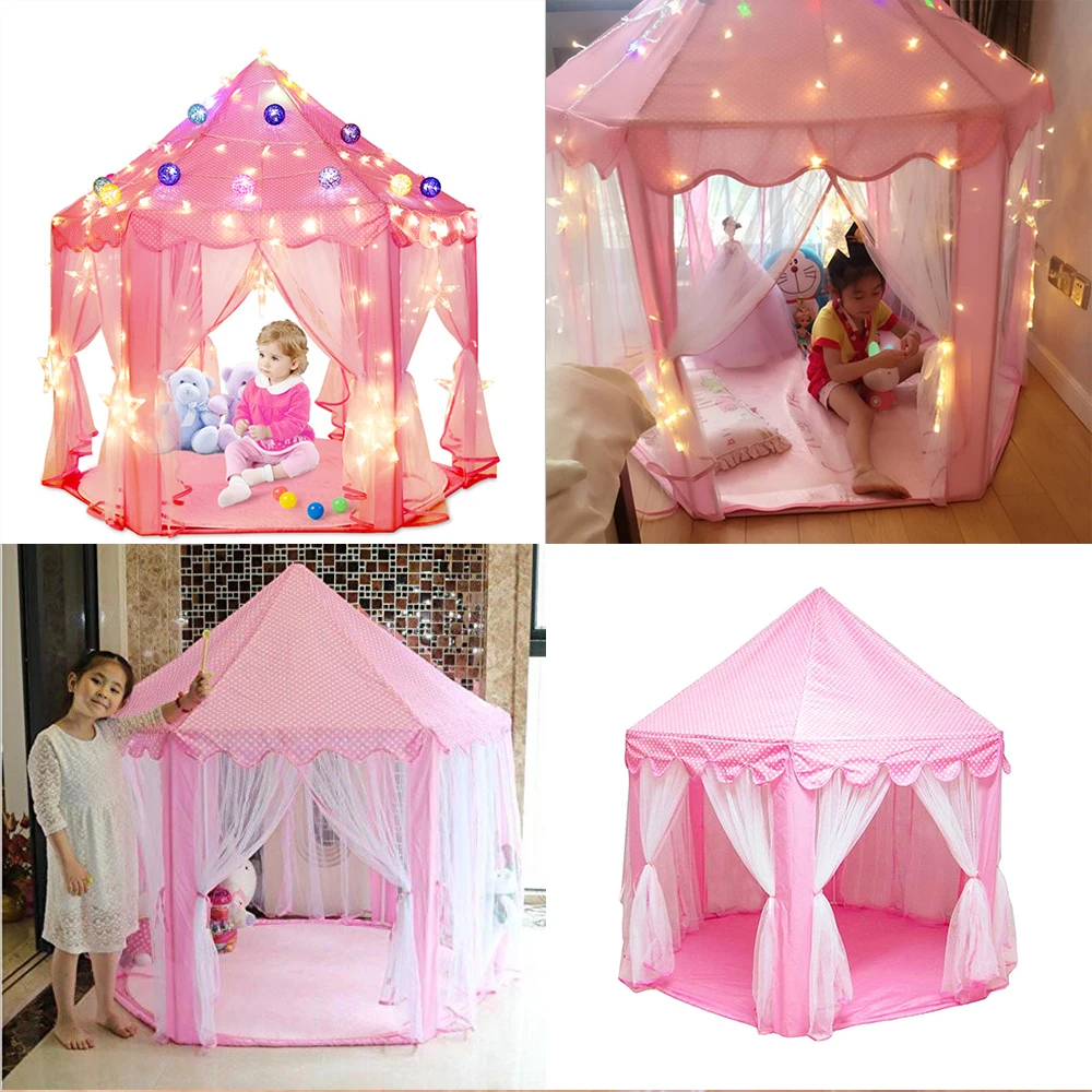 

Prince Princess Tent Toy Adorable Pink Castle Playhouse Foldable Sturdy Game Castle Children Outdoor Balls Pool Play Lodge Tents