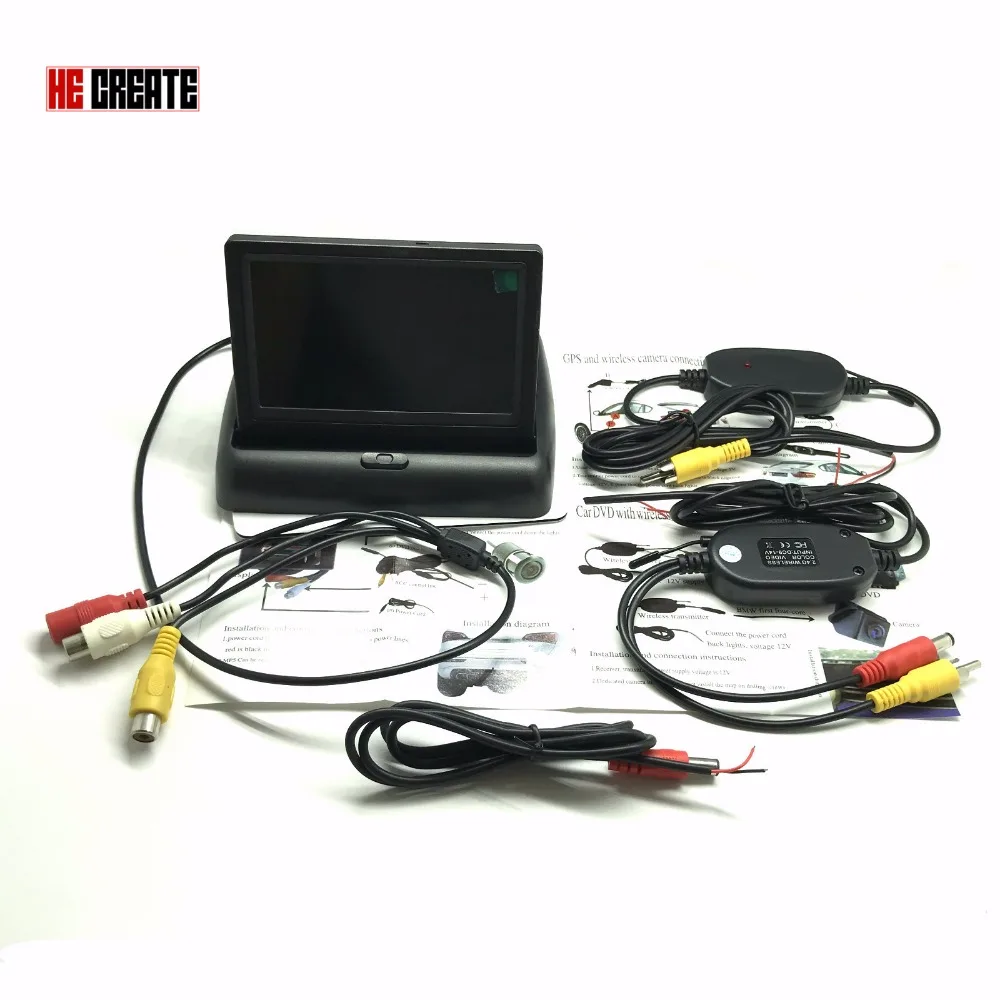 

HE CREATE Waterproof Car Parking System Kit Wireless 4.3"TFT LCD Monitor Foldable HD Screen Display+Auto Backup Rear View Camera