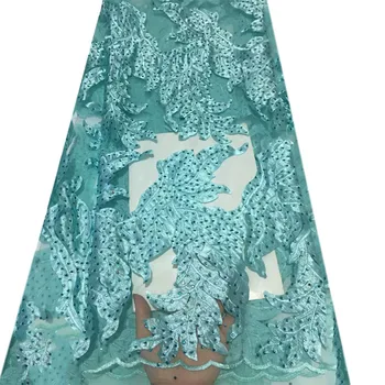 

Aqua Nigeria Embroidery French Net Lace 5 Yards Dress Wedding Lace High Quality Tulle African Laces Fabric With Sthones X946-3