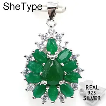 

4.3g Deluxe Pearl Shape Real Green Emerald Natural Cubic Zirconia Ladies 925 Solid Sterling Silver Pendant 30x19mm