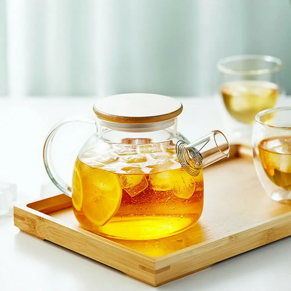 Прозрачный стеклянный чайник для чая, чайник для воды с бамбуковой крышкой и фильтром 950 мл 32,12 унций