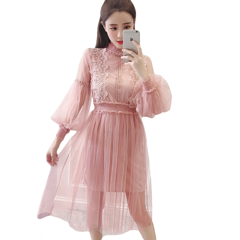 

2018 New Spring Summer Lace Voile Patchwork Boho Dress Women Elegant Slim Lantern Sleeve Mesh Party Dresses Vestidos Robe CM2899
