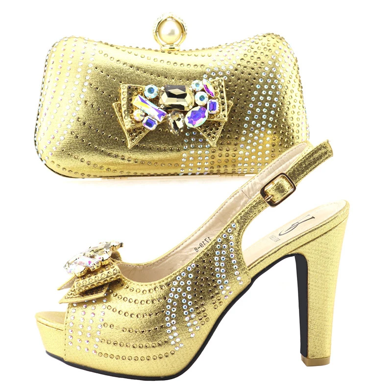 

High heel 4.3 inches sandal shoes matching clutches bag set gold color african shoe and bag matching italy shoe and bag SB8297-3