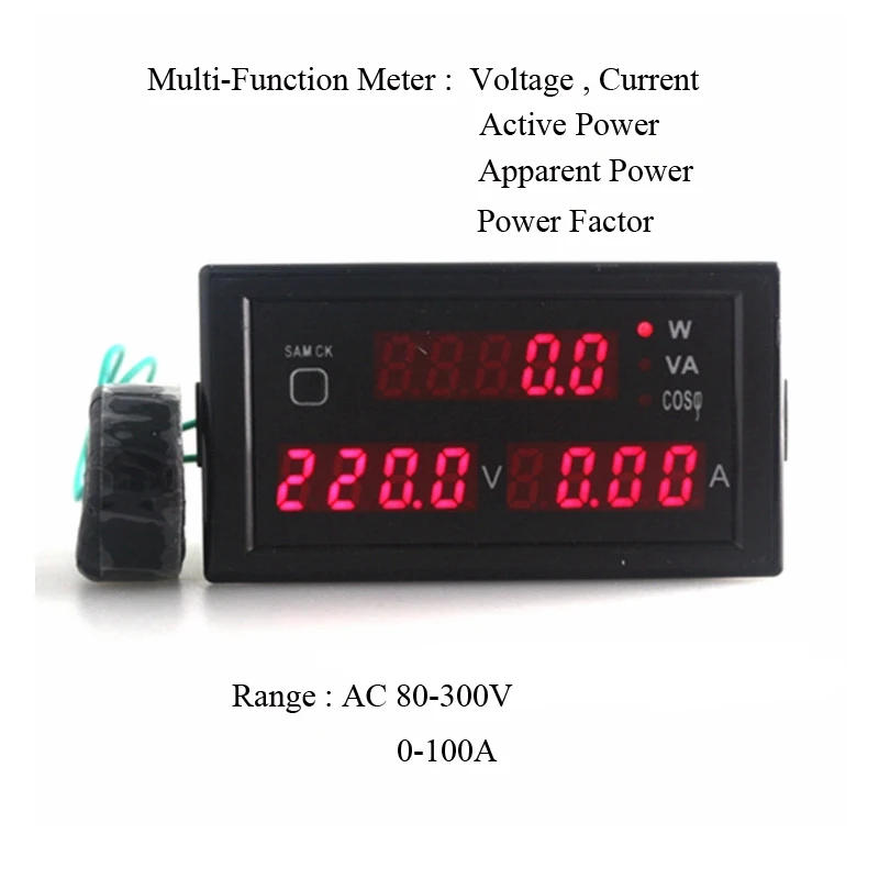 

Multi-Functional LED Display Panel Meter Voltmeter Ammeter Active and Apparent Power Power Factor AC80-300V/200-450V 0-100A