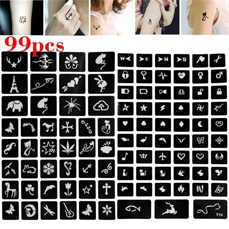 99 قطع البخاخة وشم لامع الاستنسل الحناء الجوف الرسم صغيرة لطيف القط زهرة فراشة الكرتون تصميم DIY الجسم الفن قالب