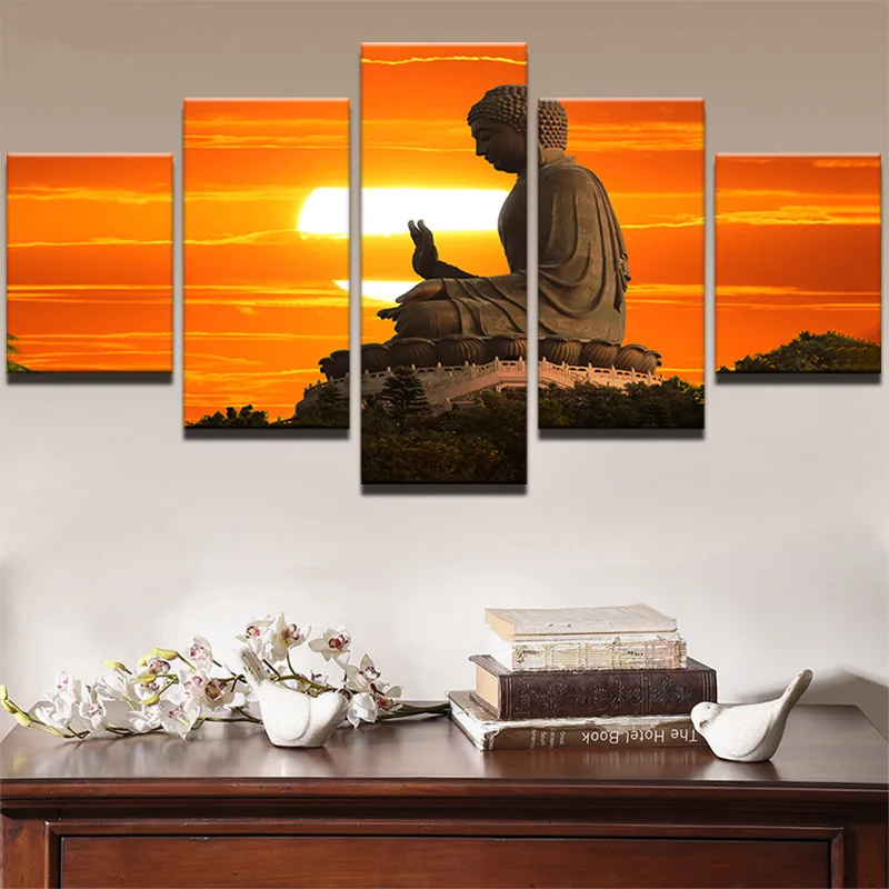 

Canvas Posters Home Decor Framework HD Prints Pictures 5 Pieces Sunset Landscape Statue Of Buddha Poster Paintings Wall Art