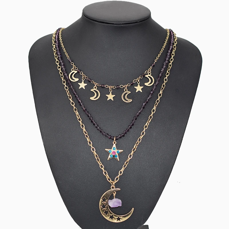 

Hollow Moon Star Stone Pendant Necklace for Women Vintage Gold 3 Layered Crystal Beads Long Necklaces Christmas Jewelry Gifts