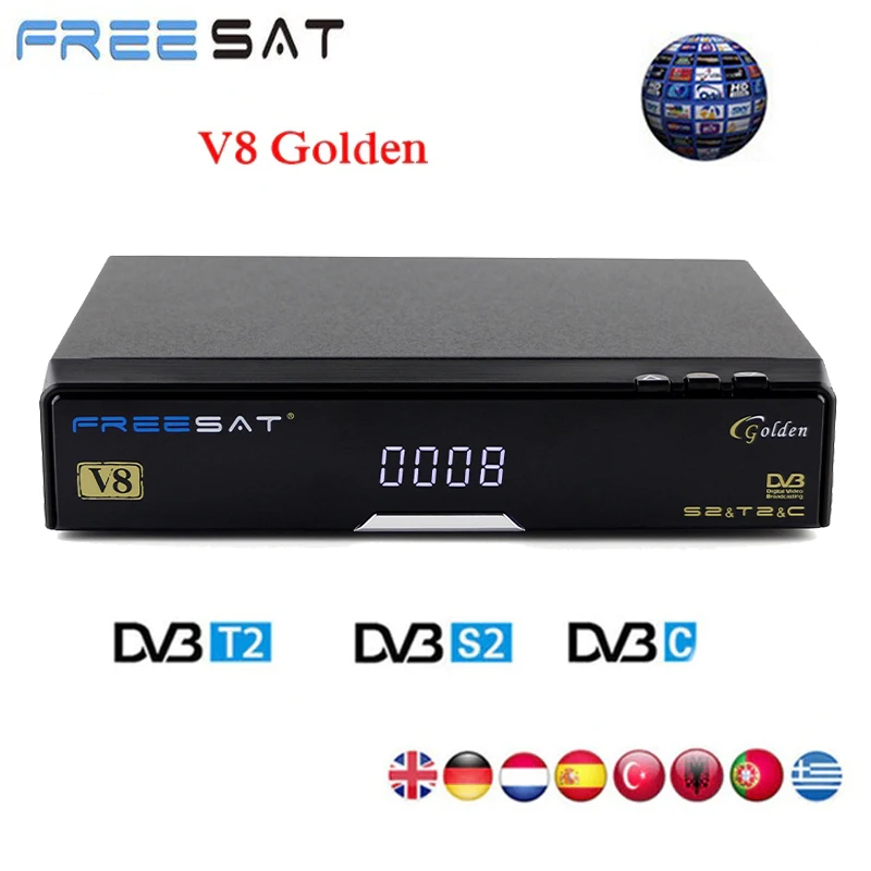 

[Genuine] Freesat V8 Golden & USB Wifi DVB-S2+T2+C Satellite TV Combo Receiver Support PowerVu Biss Key Cccamd Newcamd USB Wifi