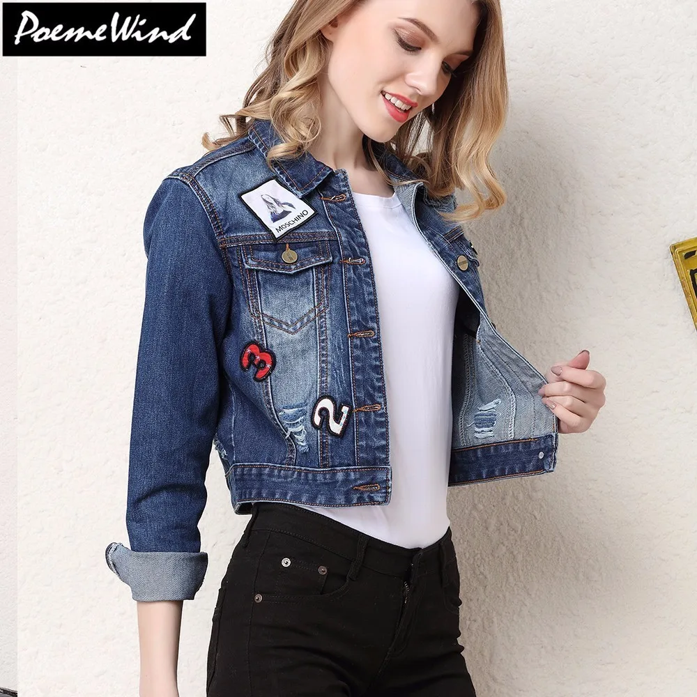 PoemeWind Slim Women's Short Denim jacket Outwear Blue Number Pattern