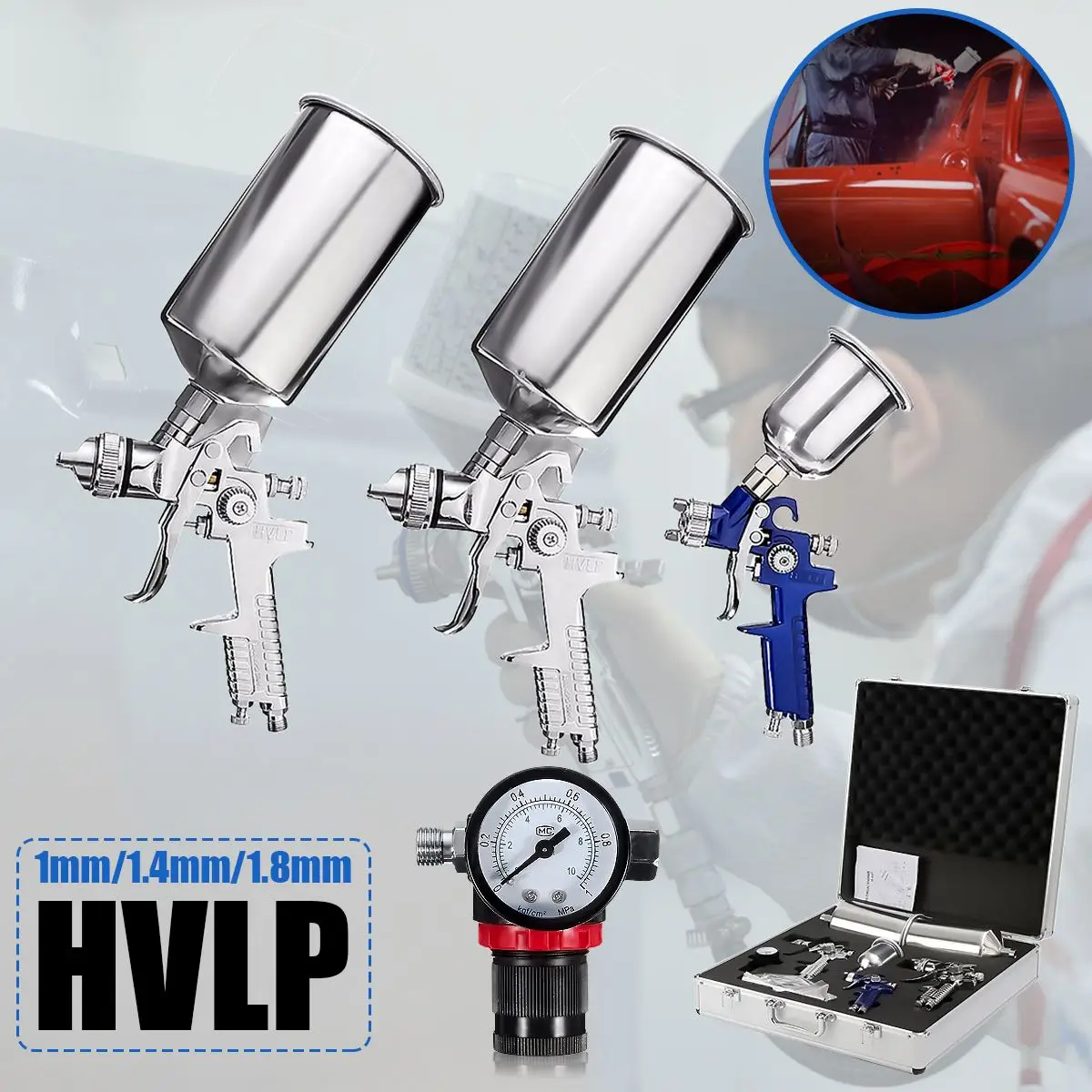 3 HVLP Spray Gun Set Airbrush Auto Paint Air Spray Kit Detail Basecoat