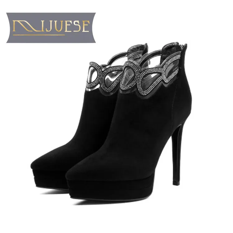 

MLJUESE 2019 women ankle boots Kid Suede crystal winter short plush night club thin heel high heels platform women boots party