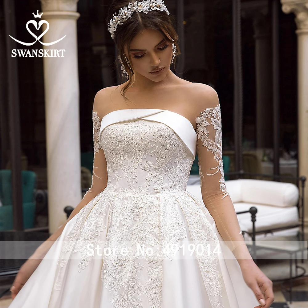 Swanskirt Fashion Appliques Satin A-Line Wedding Dress Vintage Long Sleeve Court Train Bridal Gown Vestido De Noiva TZ10