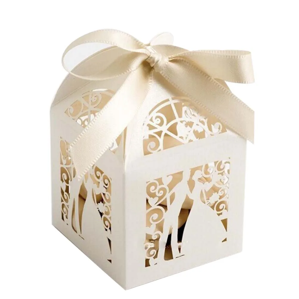 

50pcs Couple Design Luxury Lase Cut Wedding Sweets Candy Gift Favour Boxes with Ribbon Table Decorations (Creamy-white)
