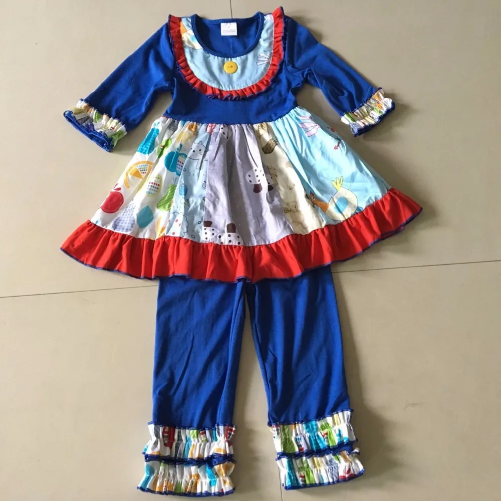 

Hot Sale New style Spring and Autumn solid blue on top with animals Printed and Bib Baby Girls Dress Apparel Accessory