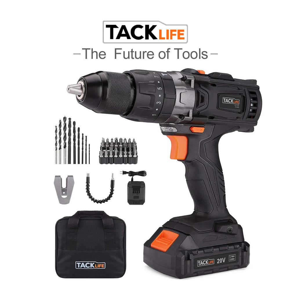 

Tacklife PCD04B 20V MAX 2.0Ah Lithium-Ion 1/2" Cordless Drill Driver Set with Hammer Function 2 Speed Max Torque 43pcs Accessory