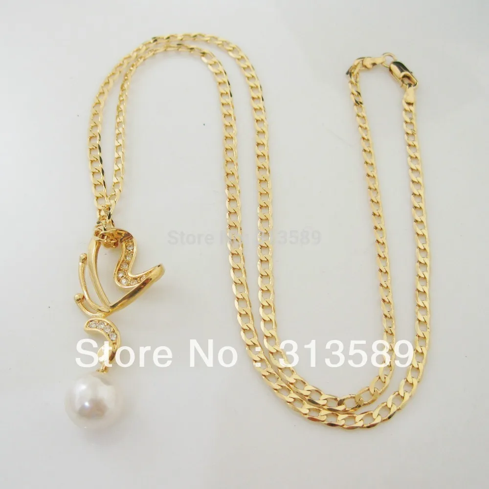 YELLOW GOLD GP FILLED BRASS 24" CUBAN NECKLACE&ampHEART PEARL CZ STONE PENDANT/Great Gift/ | Украшения и аксессуары