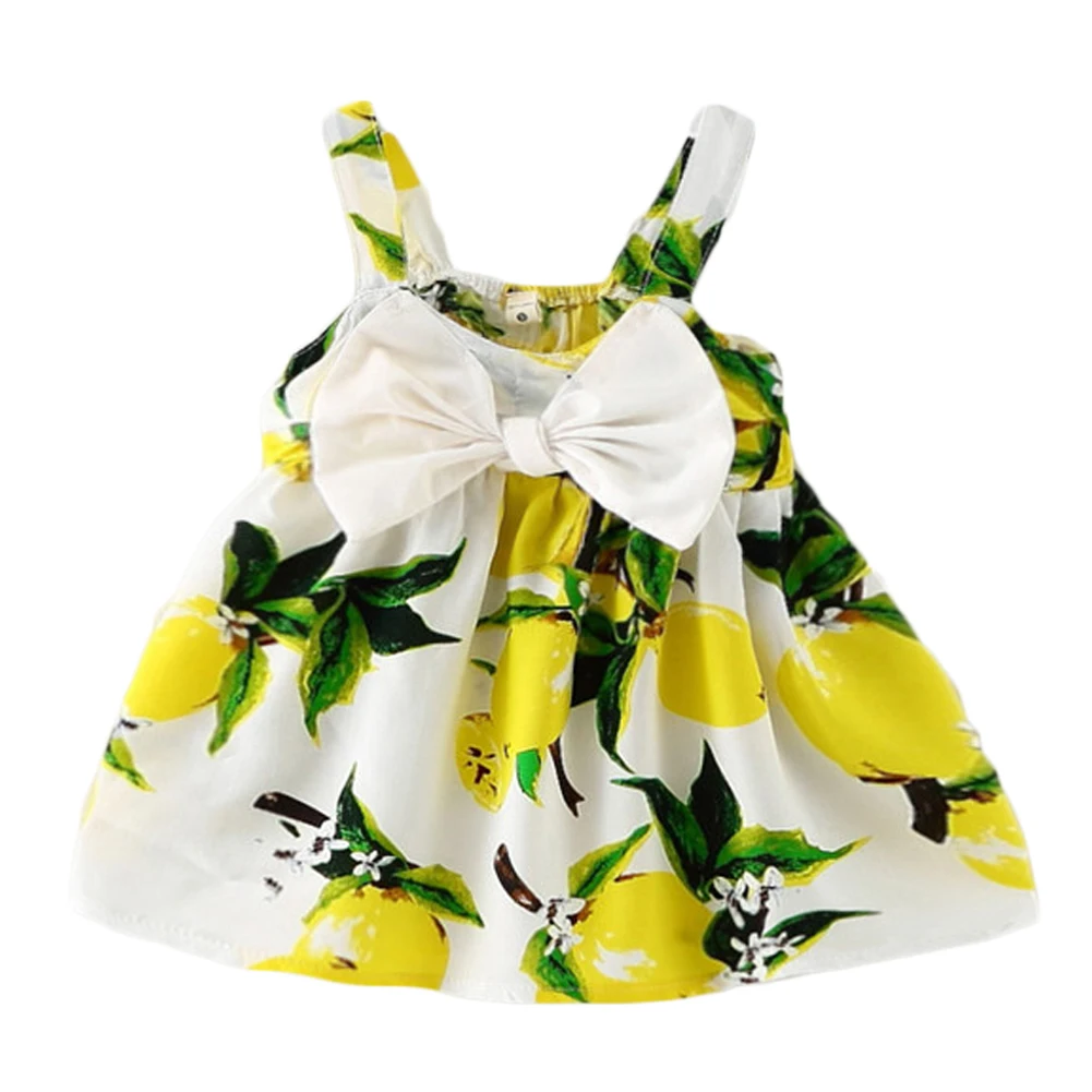 Fashion Toddler Baby Girls Dresses Summer Lemon Print Floral Bow Dress