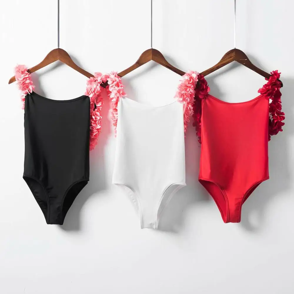 

Cute Solid Female Swimsuit Open Back Sexy Body Floral Appliqued One Piece Swimming Suit