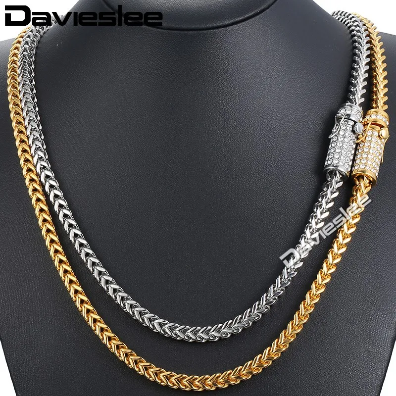 

Davieslee Mens Necklace Chain Miami Franco 316L Stainless Steel Iced Out Cubic Zirconia CZ Gold Silver Color 6mm 30inch LHNM20