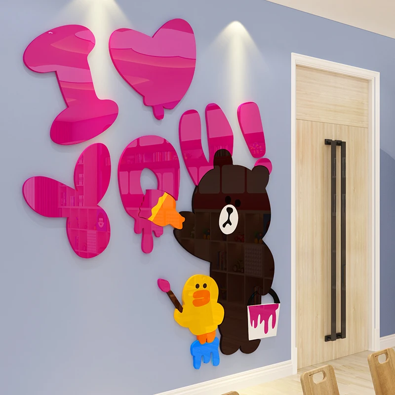 

New Cartoon Sticker Brown Bear 3D Acrylic Wall Sticker kids room decoration Modern Living Room bedroom wall art Decal Stickers