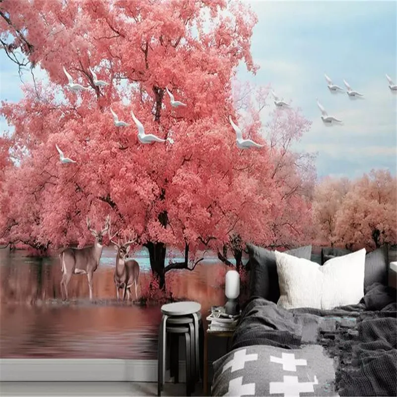 Fantasy pink tree elk landscape TV background wall professional production mural wholesale wallpaper mural custom photo wall Fantasy pink tree elk landscape TV background wall professional production mural wholesale wallpaper mural custom photo wall