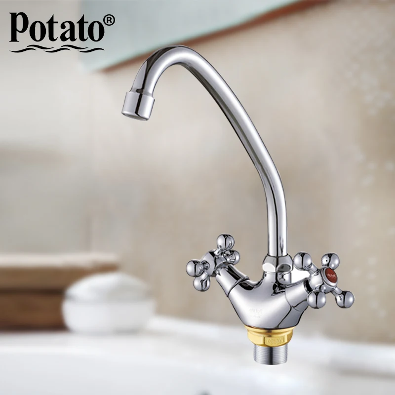 

Potato Silver chrome Double handle Kitchen sink faucet Cold mixer Single Hole Water Tap Hot and Cold Water p4161