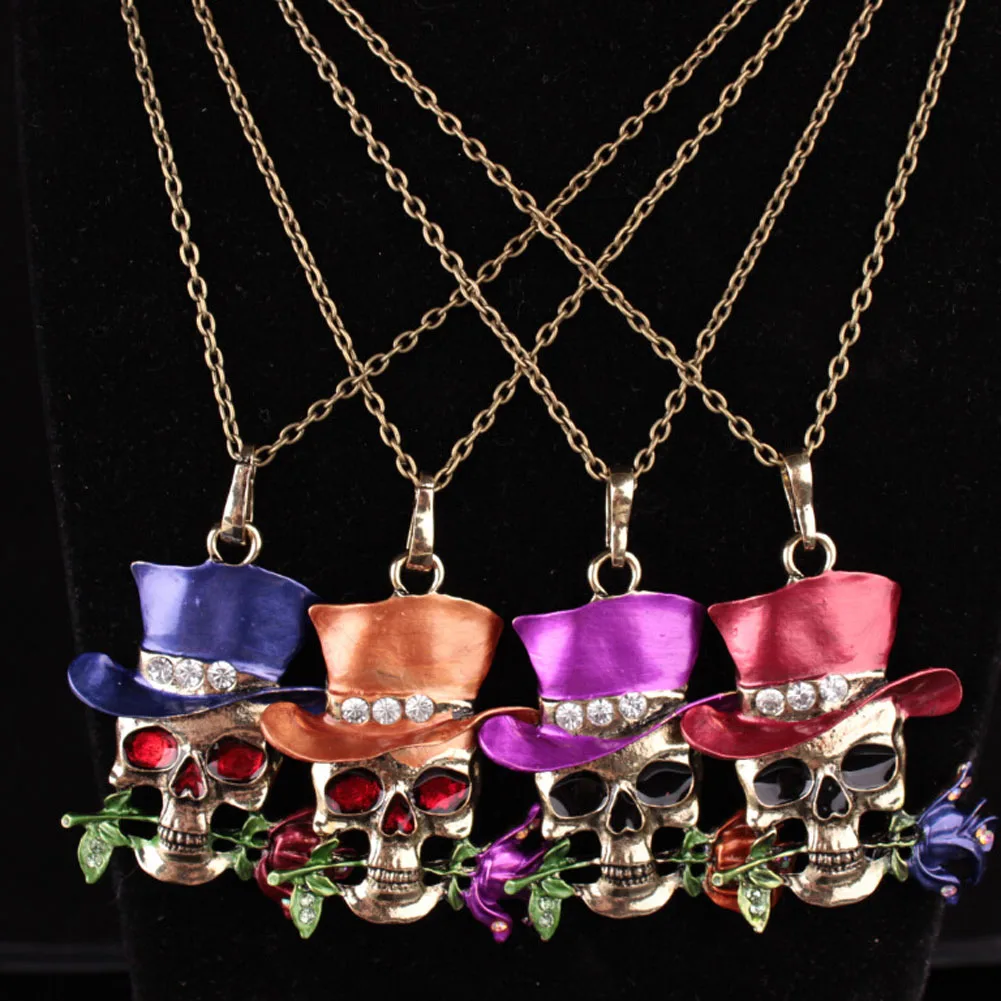 

Long Chain New Gothic Antique Necklace Everyday Jewelry Gift Skull Rose Flower Vintage Enamel Pendant Crystals