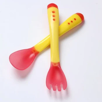 

2PCS Baby Flatware Feeding Spoon Temperature Sensing Spoon+Fork Sets Safety Feeding Utensil Portable Baby Utensil Baby Care