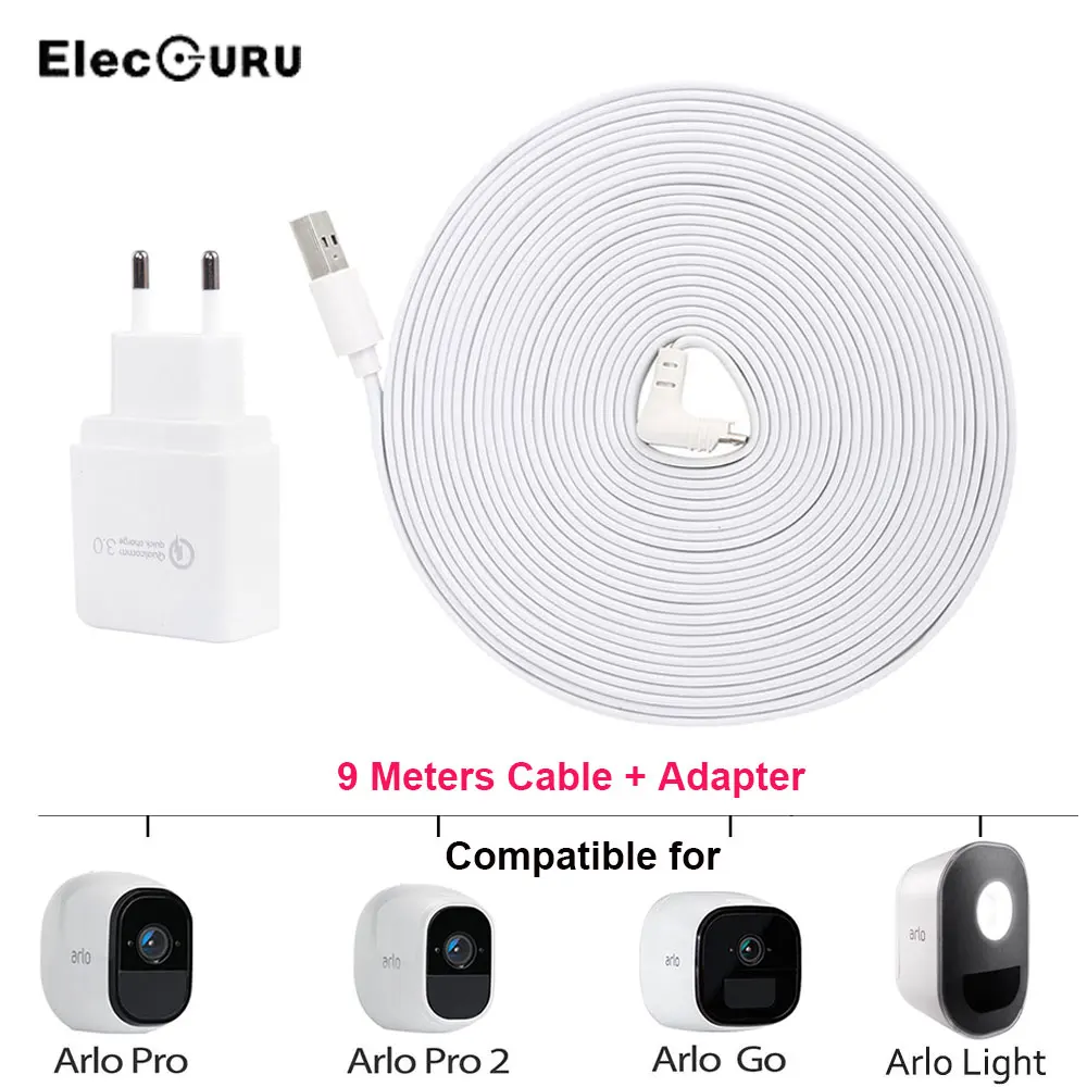 Arlo Pro 2 Charger 30ft/9M Charging Cable+Adapter For Arlo Pro 2/Pro/Light/Go Camera Battery