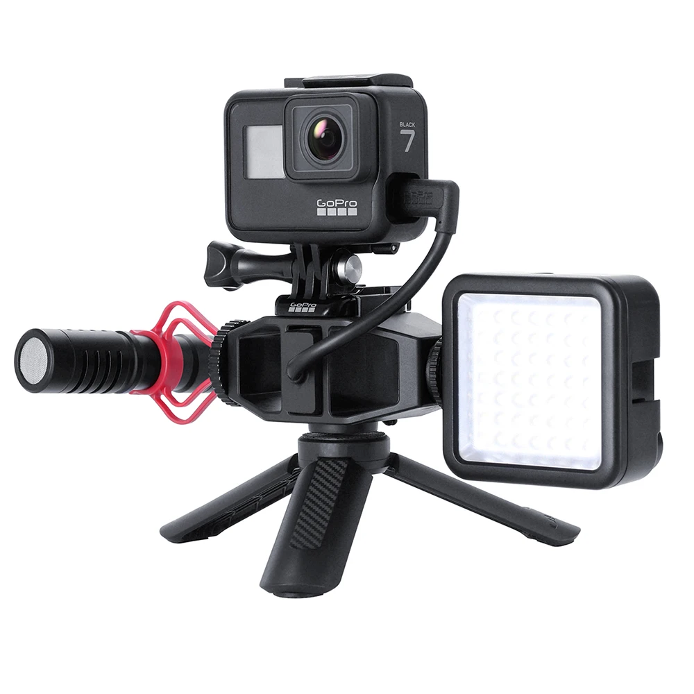 

GoPro Vlogging Setup Bracket Double Cold Shoe Microphone and Light Tripod Mount for GoPro Hero 7 6 5 SJcam EKEN Sport Cameras
