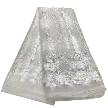 

African Lace Fabric / White Tulle Lace Fabric with 3D Applique and beads /5 yards HJ799-2
