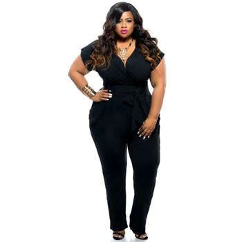 

Plus size sexy v neck jumpsuit 2020 short sleeve black blue long pant romper elegant tunic Party bandage women clothing overalls