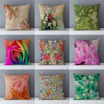 

Vintage Floral print couch cushion flower rose peony 45x45cm home decorative pillows cotton linen pillowcase seat back cushions