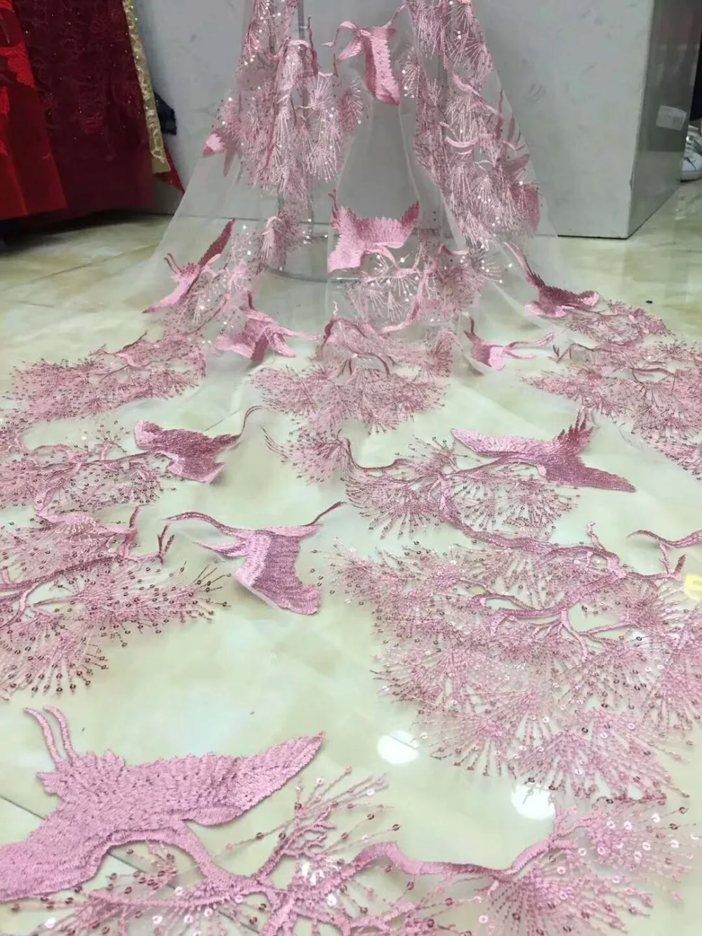 

HFX Latest Laces Nigerian Lace Fabrics For Wedding Pink Color Embroidery French Sequin Lace Fabrics For Lady X874-1