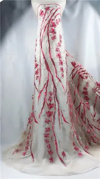 

2018 Latest French Nigerian Laces Fabrics High Quality beads Tulle African Laces Fabric Wedding African French Tulle Lace red