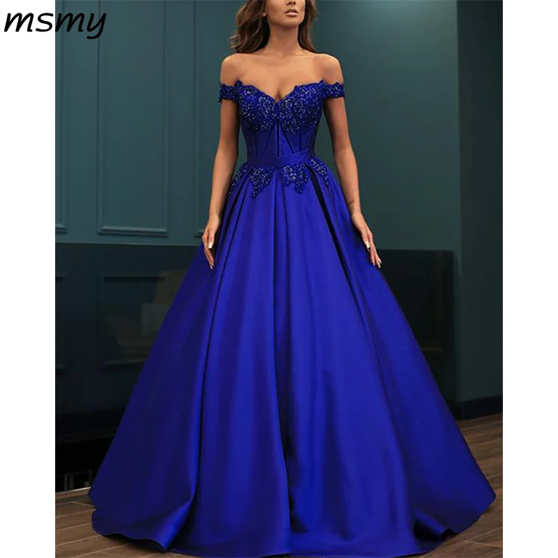 Elegant Lace Beaded Off Shoulder Satin Prom Dresses Ball Gowns-