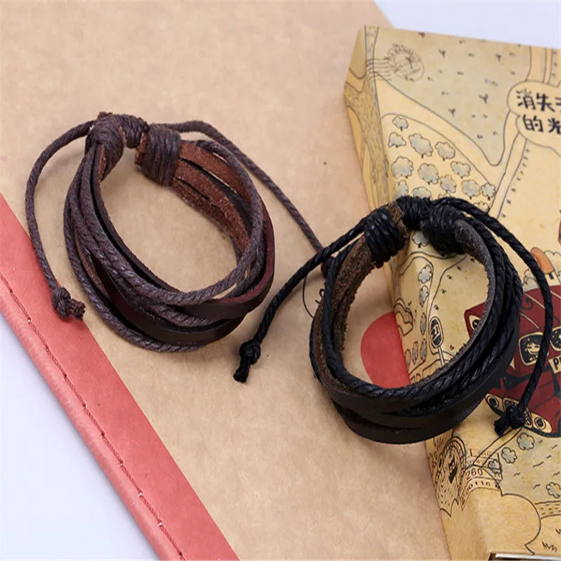 2pcs/lot Vintage Fashion Simple Black and Brown Bracelets Men Women Braided Rope Classic Charms Hemp Leather Jewelry | Украшения и